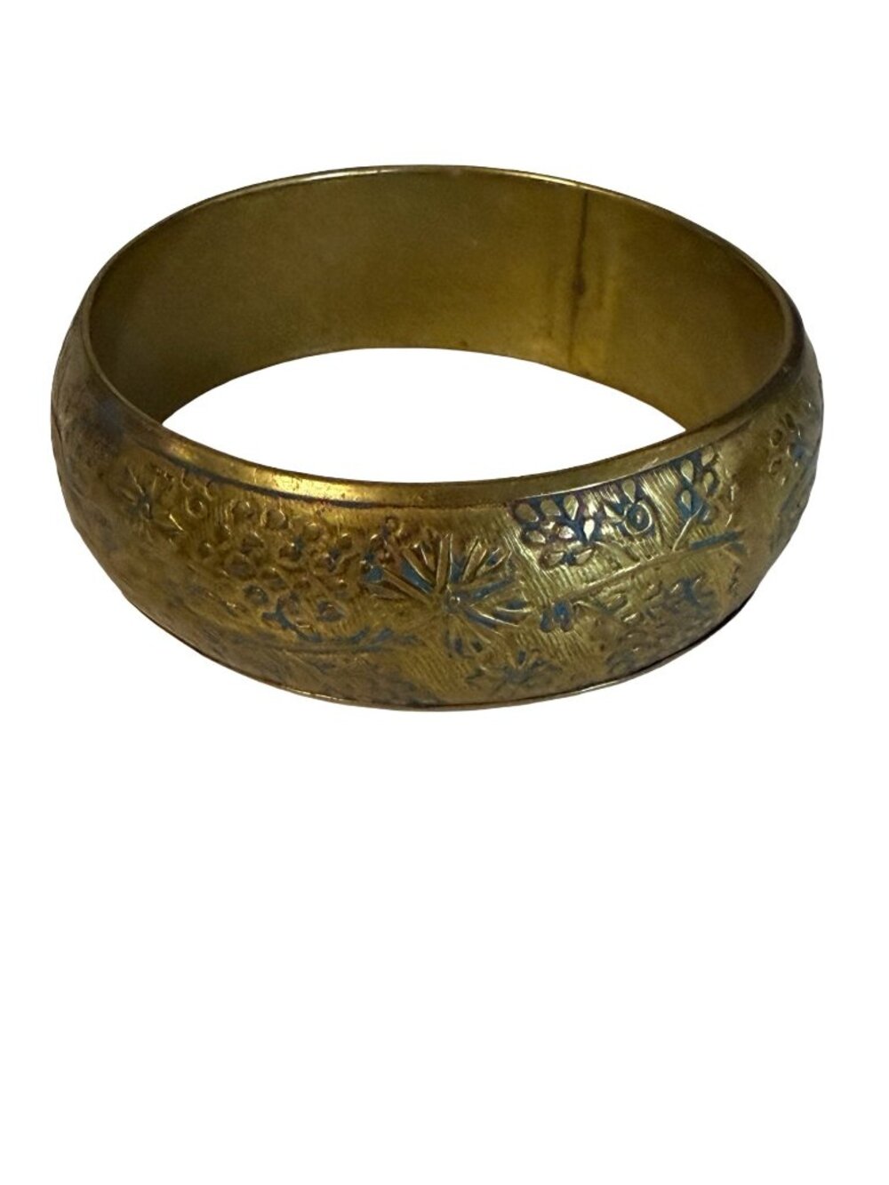 Vintage Embossed Floral Brass Bangle Bracelet Blue Patina 2.5 Inch Boho